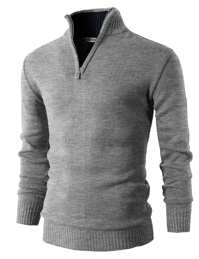 H2H Men's Slim Fit Color Contrast 1/4 Zip Mock Neck Knit Sweater Gray US L/Asia XL (KMOSWL021) - Image 1